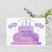 水彩ピンクとパープルのケーキ風船 65歳の誕生日 招待状 (スタンド正面)