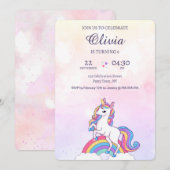 水彩ピンクとパープルのユニコーン誕生日 招待状 (正面/裏面)