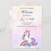 水彩ピンクとパープルユニコーン誕生日 招待状 (正面/裏面)