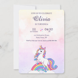 水彩ピンクとパープルユニコーン誕生日 招待状