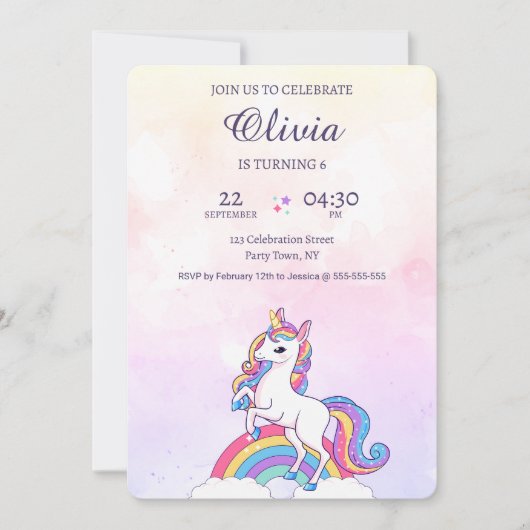 水彩ピンクとパープルユニコーン誕生日 招待状 (正面)