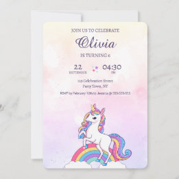 水彩ピンクとパープルユニコーン誕生日 招待状