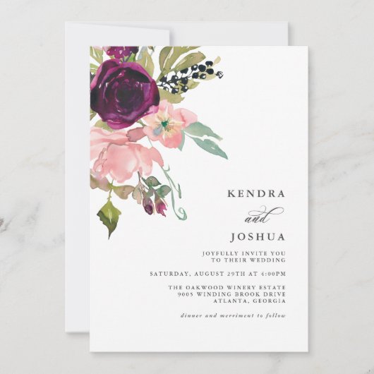 水彩ピンクとブルゴーニュのブーケ結婚の 招待状 (正面)