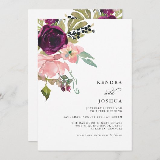 水彩ピンクとブルゴーニュのブーケ結婚の 招待状 (正面/裏面)