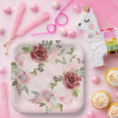 水彩ピンクとブルゴーニュの花紙プレート ペーパープレート (パーティー)