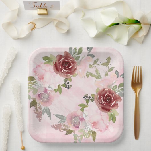 水彩ピンクとブルゴーニュの花紙プレート ペーパープレート (ウェディング)