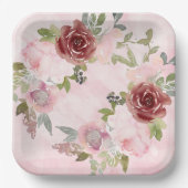 水彩ピンクとブルゴーニュの花紙プレート ペーパープレート (正面)