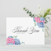 水彩ピンクとブルーのアジサイの結婚式 サンキューカード (スタンド正面)