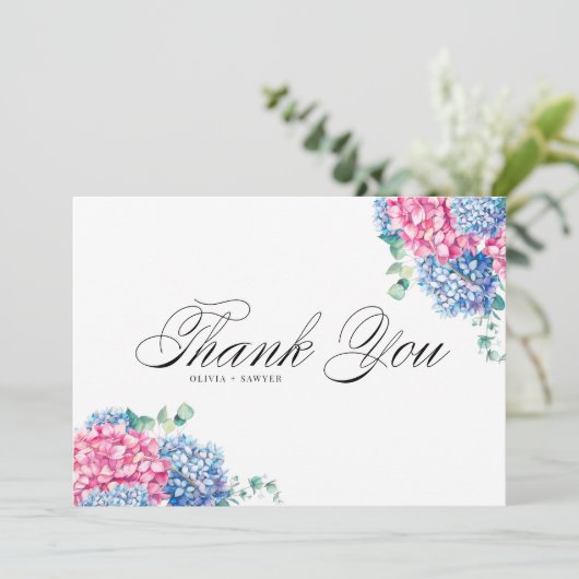 水彩ピンクとブルーのアジサイの結婚式 サンキューカード (スタンド正面)