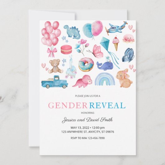 水彩ピンクとブルーの図解入りの、写真付きの性別の表示 招待状 (正面)