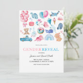 水彩ピンクとブルーの図解入りの、写真付きの性別の表示 招待状 (スタンド正面)