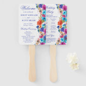 水彩ピンクとブルーの夏の花のウェディング ハンドファン (正面&裏面)