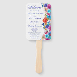 水彩ピンクとブルーの夏の花のウェディング ハンドファン