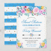 水彩ピンクとブルーの花のスイート16 招待状 (正面/裏面)