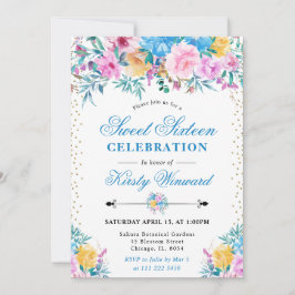 水彩ピンクとブルーの花のスイート16 招待状