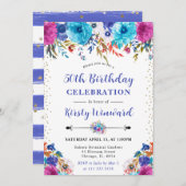 水彩ピンクとブルーの花 50歳の誕生日 招待状 (正面/裏面)