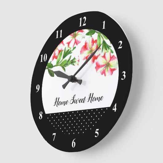 水彩ピンクとホワイトペチュニア水玉模様 ラージ壁時計 (傾斜)