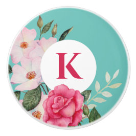 水彩ピンクとホワイトローズリース円 セラミックノブ