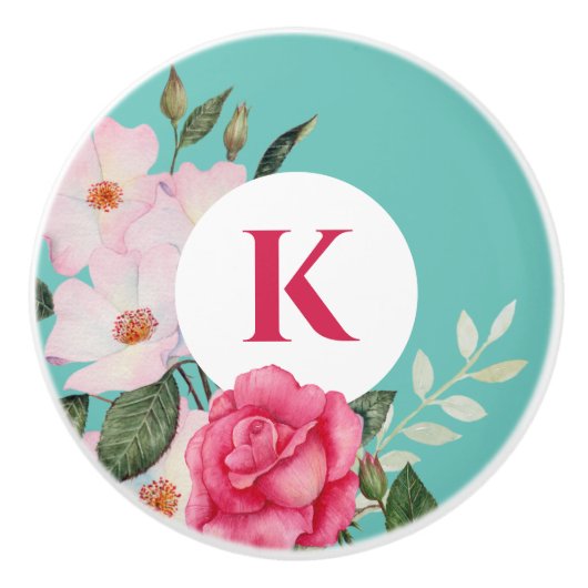 水彩ピンクとホワイトローズリース円 セラミックノブ (正面)