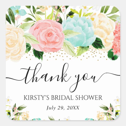 水彩ピンクとミントの花のブライダルシャワー スクエアシール (正面)