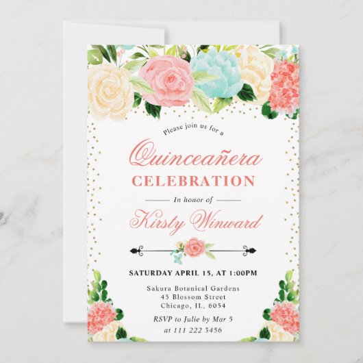 水彩ピンクとミントの花キンセアニェラ 招待状 (正面)