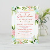 水彩ピンクとミントの花卒業式 招待状 (スタンド正面)