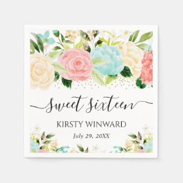 水彩ピンクとミントの花Sweet sixteen スタンダードカクテルナプキン