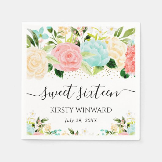 水彩ピンクとミントの花Sweet sixteen スタンダードカクテルナプキン (正面)