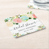水彩ピンクとミントフラワーズブライダルシャワー スクエアペーパーコースター (アングル)