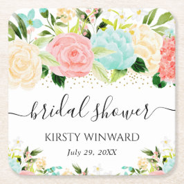水彩ピンクとミントフラワーズブライダルシャワー スクエアペーパーコースター