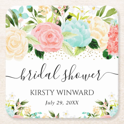 水彩ピンクとミントフラワーズブライダルシャワー スクエアペーパーコースター (正面)
