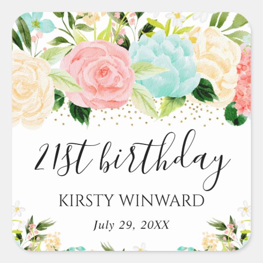 水彩ピンクとミントフラワーズ誕生日 スクエアシール (正面)