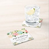 水彩ピンクとミントフラワーズ誕生日 スクエアペーパーコースター (インサイチュ)