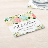 水彩ピンクとミントフラワーズ誕生日 スクエアペーパーコースター (アングル)