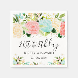 水彩ピンクとミントフラワーズ誕生日 スタンダードカクテルナプキン