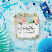 水彩ピンクとミントフラワーズ誕生日 ペーパープレート (パーティー)