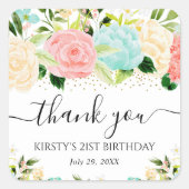 水彩ピンクとミントフラワーバースデーパーティー スクエアシール (正面)