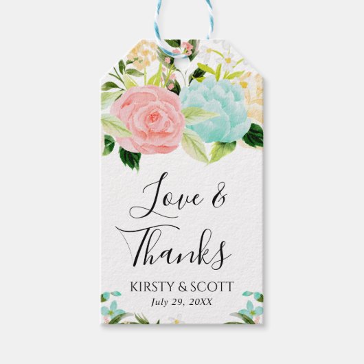 水彩ピンクとミント結婚花 ギフトタグ (正面)