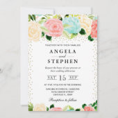 水彩ピンクとミント結婚花 招待状 (正面)