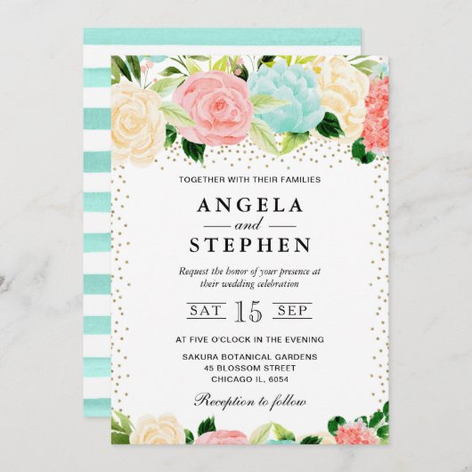 水彩ピンクとミント結婚花 招待状 (正面/裏面)