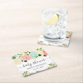 水彩ピンクとミント花ベビーシャワー スクエアペーパーコースター (インサイチュ)