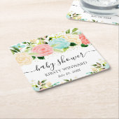 水彩ピンクとミント花ベビーシャワー スクエアペーパーコースター (アングル)