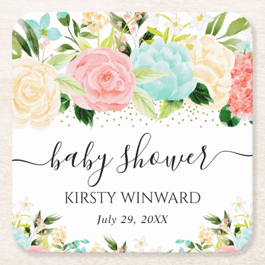 水彩ピンクとミント花ベビーシャワー スクエアペーパーコースター (正面)