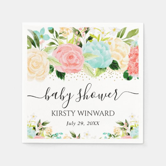 水彩ピンクとミント花ベビーシャワー スタンダードカクテルナプキン (正面)