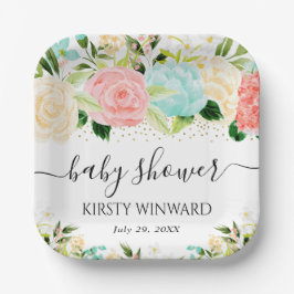 水彩ピンクとミント花ベビーシャワー ペーパープレート