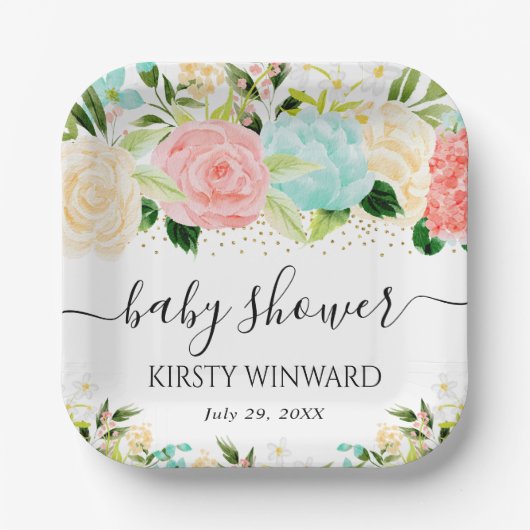 水彩ピンクとミント花ベビーシャワー ペーパープレート (正面)