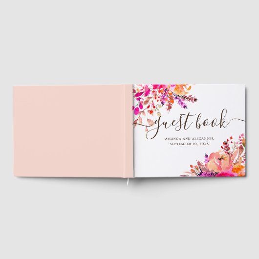 水彩ピンクと桃の秋結婚フローラの舌 ゲストブック (全面)