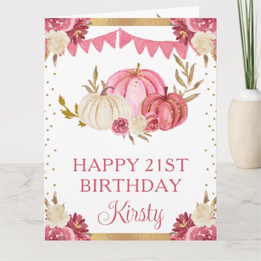 水彩ピンクと白のフローラカボチャ誕生日 カード (正面)