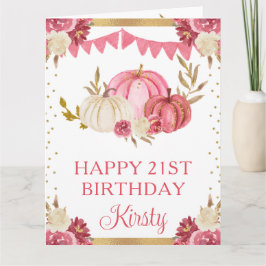 水彩ピンクと白のフローラカボチャ誕生日 カード