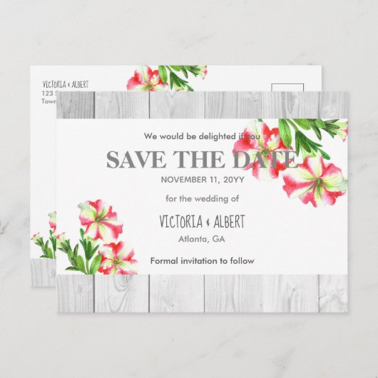 水彩ピンクと白のペチュニア日付を保存 案内ポストカード (正面/裏面)